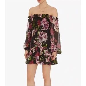 INTERMIX Black Off-Shoulder Floral Mini Dress with Pink & Green Accents